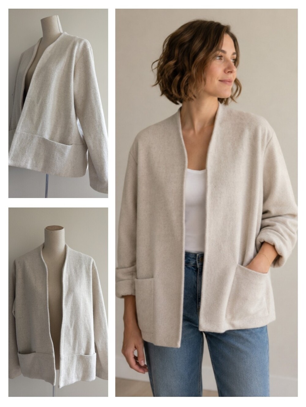 Jennifer Glasgow Wool Heathered Cream Open Front Pocket Jacket